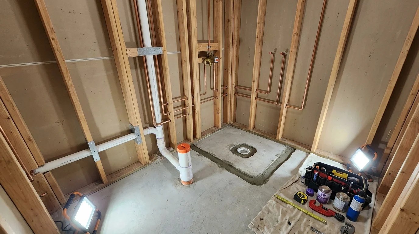 Bathroom rough-in plumbing during remodel by Johns Plumbing LLC in Schertz