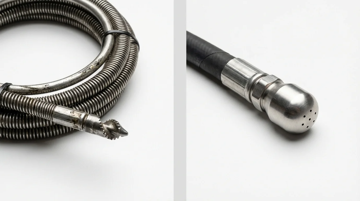 Drain snake cable and hydro jetting nozzle used for drain cleaning in Schertz, TX