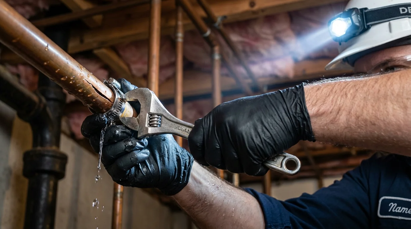 Emergency pipe clamp repair being performed by a Johns Plumbing LLC plumber in Schertz