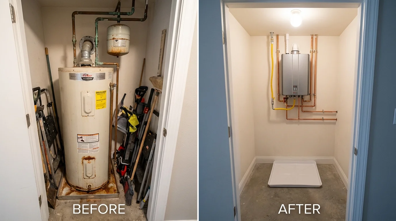 Tank water heater versus wall-mounted tankless unit comparison for Schertz, TX homeowners