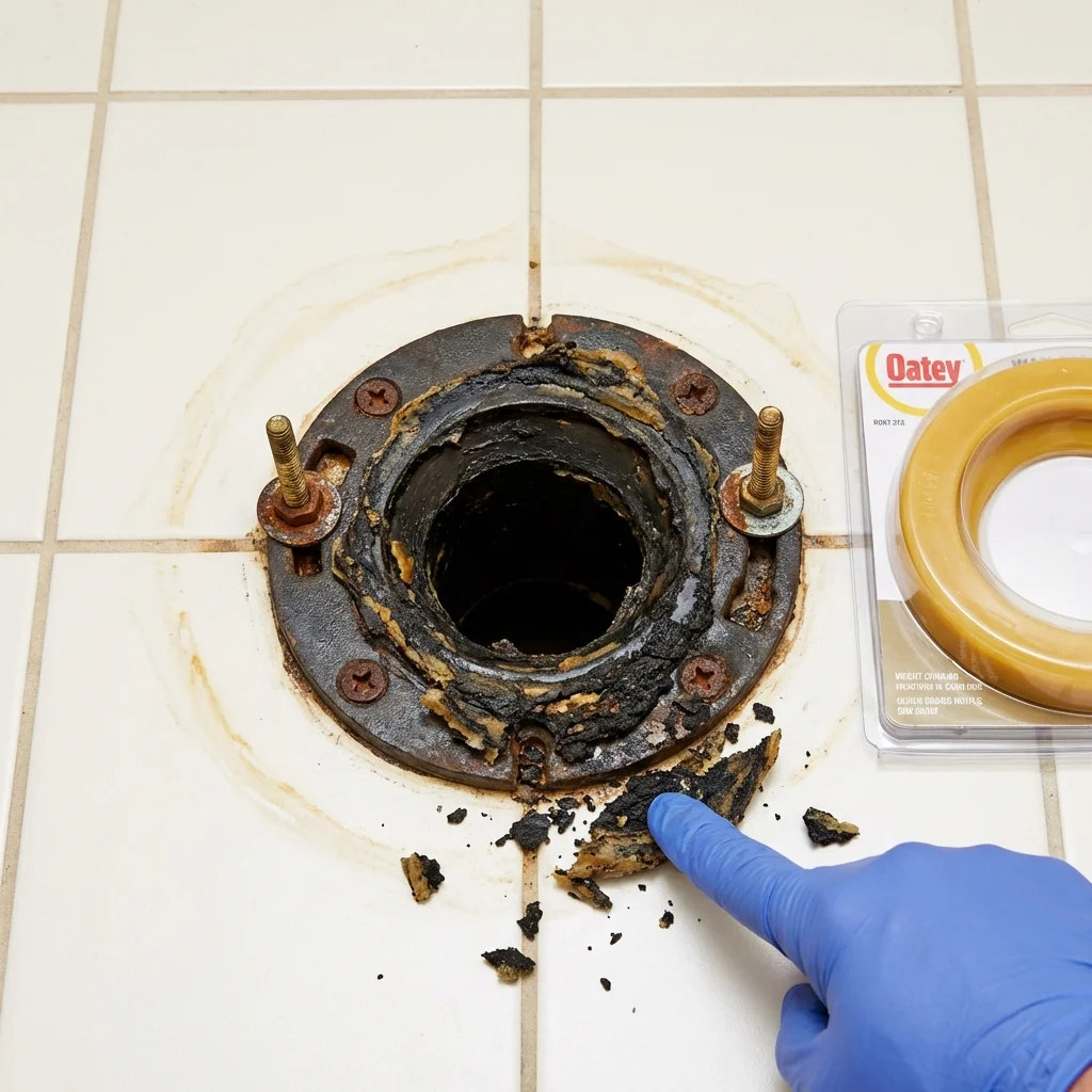 Failed wax ring showing water seepage at the base of a toilet in a Schertz, TX home