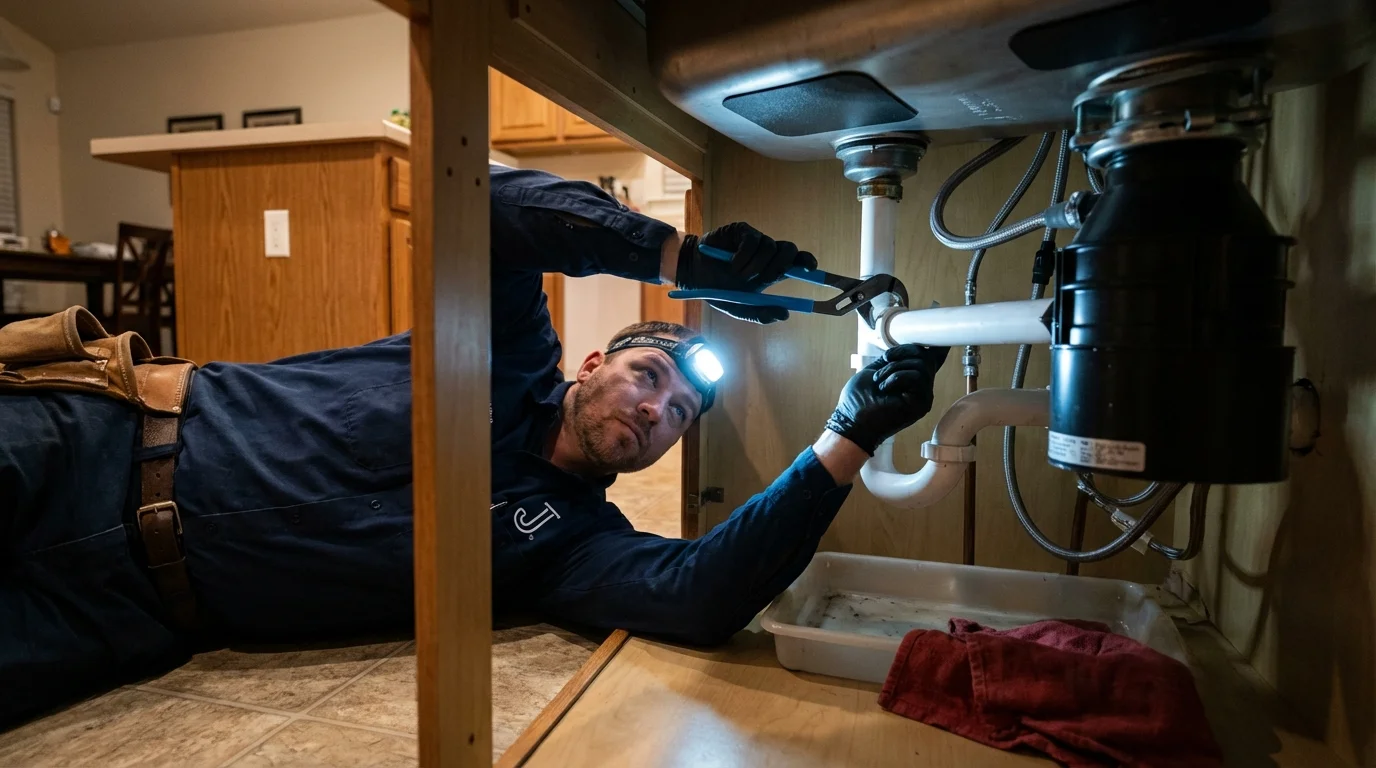 P-trap and supply line connections under a kitchen sink showing a common leak point in Schertz, TX